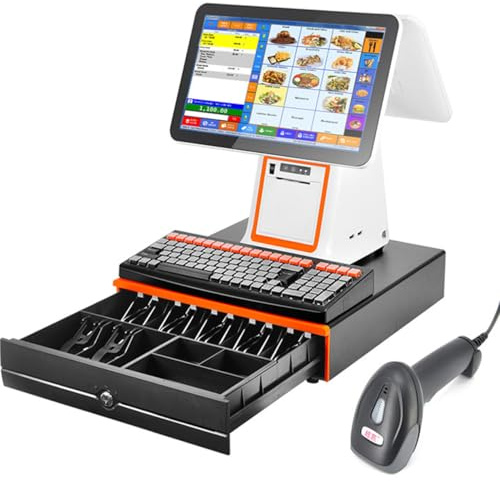 All-in-One Smart Cash Register with 15.6-inch Dual Screen, Touch Screen PC POS Cash System, Built-in Receipt Printer, for Small Businesses, Retailers, Supermarkets,B-White