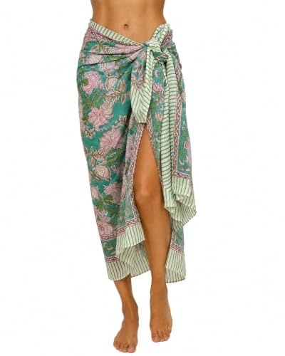 Rastogi Handicrafts 100% Cotton Block Print Sarong Swimsuit Wrap Cover Up Long Women’s Apparel Fabric (73 x 44) (FIROZI 1)