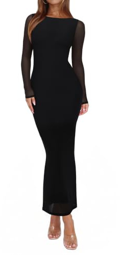 REORIA Women's Spring Mesh Sheer Long Sleeve Wedding Guest Dress Sexy Floral Bodycon Maxi Long Dresses Black Onyx Small