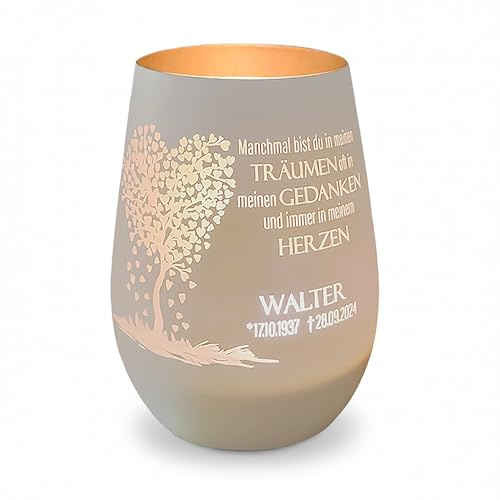 Personalisiertes Windlicht Trauerlicht mit Gravur – Gedenklicht aus Glas mit Name, Spruch & Datum – Andenken an Verstorbene, Erinnerungslicht, Trauergeschenk (Weiß-Gold)