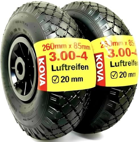 KOVA® 2X Sackkarrenrad LUFTBEREIFT 3.00-4, 260x85mm, Nabe Ø20×75, Reifen mit Schlauch & Rad Sackkarre Bollerwagen Luftreifen Ersatzrad Sackkarren Räder Rollenlager Luftrad Winkelventil Schw/Schw, L