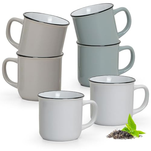 Moderne Tassen 6er Set Vintage Emaille Optik in weiß, braun, grau - Schönes 300 ml Keramik Tassenset für Kaffee, Cappuccino oder Teetassen - Süße Kaffeetassen spülmaschinenfest und mikrowellengeeignet