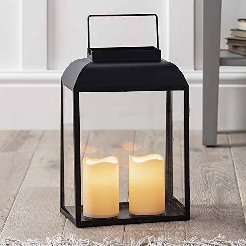Lights4fun Farolillo de Metal Negro de 35cm con 2 Velas LED a Pilas para Interiores y Exteriores