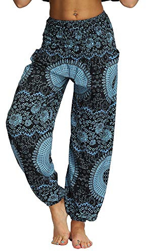 Nuofengkudu hippie haremsbyxor med fickor för kvinnor, yogabyxor, Blå B, En Storlek