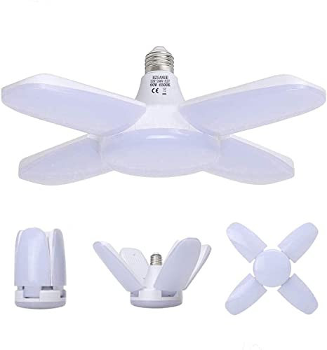 HZSANUE E27 Lampada Garage LED, Bianco Freddo 60W 6500K 6800Lm Illuminazione Soffitto LED Deformabile con 4 Pannelli Regolabili, per Garage, Cantina, Officina, Magazzino(1pezzi)