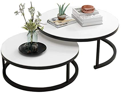 Kaffeetisch Satztische für Wohnzimmer, Moderne runde Sofatische, Beistelltische Black Metal Frame, Säulentische aus gehärtetem Glas