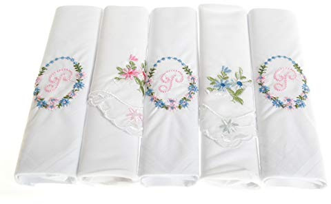 Surf the Shop Pack of 5 Ladies Initial Embroidered White Handkerchiefs with Satin Border and Matching Floral Handkies, Various Letters