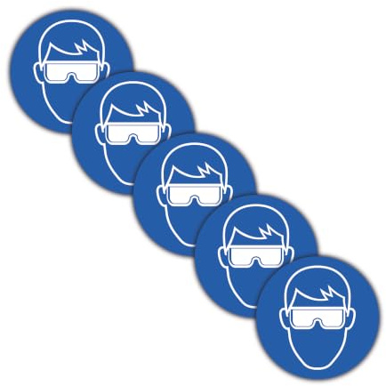 STROBO 5 Stück XXL Aufkleber Schutzbrillen pflicht mit Ø 21 cm | Sticker mit geschlitzter Rückseite für den Innen- und Außenbereich | UV-Schutz, Wind- und Wetterfest