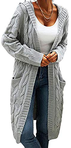 Women Hooded Open Front Cardigan Cable Knit Sweaters Solid Color Chunky Long Sweater Coats