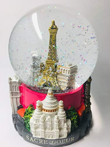 VIANAYA Boule de Neige Paris Tour Eiffel - Base résine avec Monuments en 3D et Globe en Verre avec Paillettes Scintillantes -Couleur Rose Vif - Taille Moyenne (Hauteur 11CM)