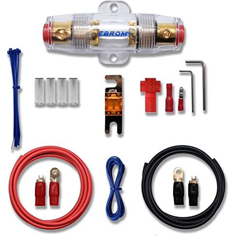 EBROM Batteriekabel Vollkupfer Car Hifi Kabel Set 10 mm2 (AWG 8) 3 m Pluskabel rot + 2 m Massekabel schwarz, AFS Sicherungshalter + 40 A Sicherung + Ringkabelschuhe + Gabelkabelschuhe vergoldet 10mm2