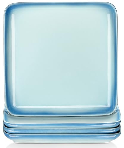 LOVECASA 4-teilige Speiseteller (25,5 cm × 2,5 cm) Steingut-Teller quadratische, ideal für Frühstück, Salate, Pasta & Tapas – Himmelblau mit Farbverlauf, Spülmaschinenfest