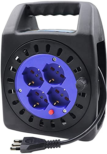 Enrollacables eléctrico, alargador eléctrico con recogecables, 4 tomas polivalentes, Schuko + 2P+T 10A/16A, enchufe 16 A italiano (15 m)