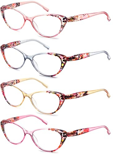 HEEYYOK 4 Pezzi Occhiali da Lettura Blocco Luce Blu per Donne Motivo Floreale Cat Eye Lettore di Moda per Donne con Cerniere a Molla