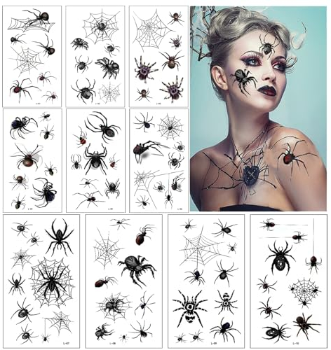Spinnen Temporäre Tattoos, 10 Sheets Halloween Schminke Tattoo,Spinnennetze Gesicht Tattoos, für Halloween Masquerade Karneval Party Punk Geschenk (A)