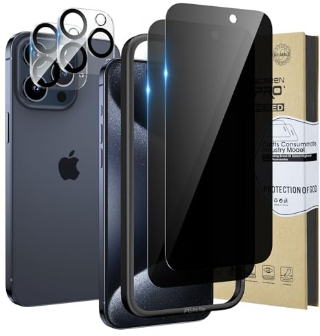 HWeggo 2+2PACK für iPhone 15 Pro Max Blickschutz-Displayschutzfolie und Kameraobjektivschutz Kostenloses Case mit einfachem Installationstablett HD Klar 9H Härte