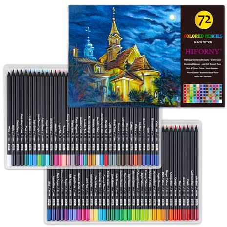 HIFORNY Crayons de couleur Premium Black Edition pour adultes - 72 crayons de couleur avec des pigments lisses, cœur doux d'artistes, crayons de dessin, fournitures d'art pour débutants adultes