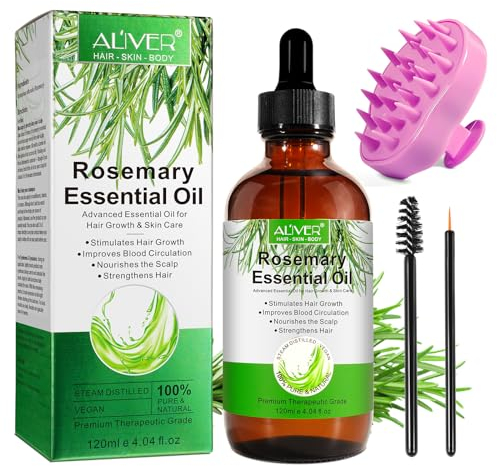 Organic Rosemary Oil for Hair Growth 120ml with Scalp Massager, 100% Pure Rosemary Essential Oil for Eyelashs, Eyebrows, Face, Skin Care, Body Massage, Nourishes The Scalp, Improve Blood Circulation
