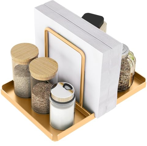 STWWO Servilletero de Mesa Soporte Servilletas Dorado, Metal | Servilletero con Caddy para salero y pimentero dispensador de servilletas para mesa Cocina Comedor Bar, 14cm High