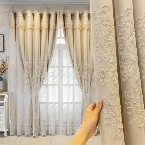 RIAAJ Vorhang Verdunklungsvorhang Doppelschichtiger Verdunklungsvorhang,Weiße Spitzenstickerei Doppelschichtige Verdunklungsvorhänge aus Voile,Wohnzimmer-Ösenvorhänge,1 Stück,Beige 39 B*106 L