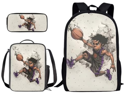 Poceacles Schulbüchertaschen-Set mit Lunch-Tragetaschen und Federmäppchen, 3 Stück, für Kinder, Schultaschen, Büchertasche, Rucksack für die Schule, Basketball, Einheitsgröße