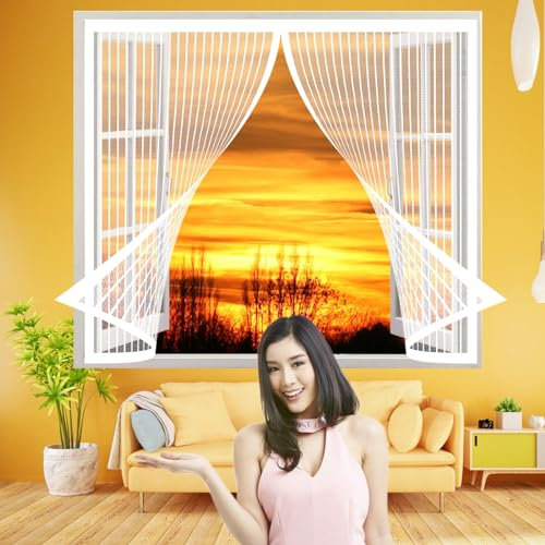 Fliegengitter Fenster Magnet 94 x 108 cm, Insektenschutz mit Starkem Klettband, Automatisches Schließen für Alle Arten von Fenstern, Weiß