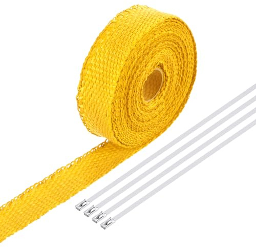 QUARKZMAN Hitzeschutzband 5 Meter x 2,5cm Auspuff Dichtband Auspuffband Fibreglass mit 4 Edelstahl Kabelbinder, für Auspuffkrümmer von Motorrädern und Autos, Gelb