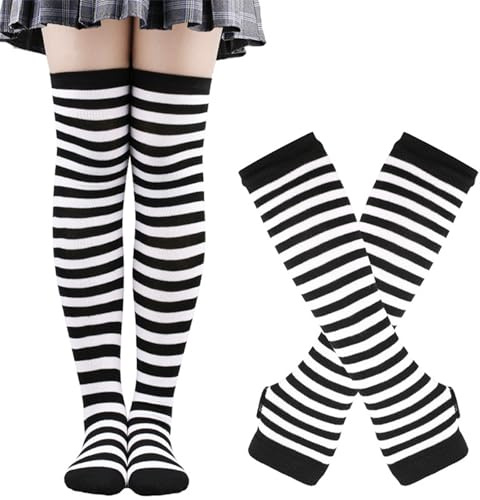 Set di Guanti e Calze a Righe per Donne, Calze a Righe al Ginocchio Alte Guanti Senza Dita, Calzini Alti Scaldamuscoli (IT, Testo, Taglia unica, Regular, Regular, Bianco)