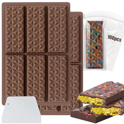 Schokoladenform Silikon, 2 Stück Silikonform Schokolade mit Schaber und 100 Verpackungsbeutel, Silikon Schokoladenform Tief, Schokoladen Silikonform für DIY Schokolade Praline Süßigkeiten (C)