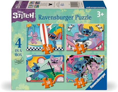 Ravensburger - Puzzle Bambini 3 Anni 4 in a box, Disney Stitch - Puzzle 3 Anni, Collezione Disney, Include 4 Puzzle 12-16-20-24 Pezzi Progressivi, Giochi Educativi, Idee Regalo