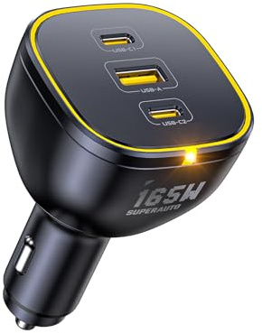 AOHI 165W Laptop Auto Ladegerät 140W PD 3.1/ 100W PD 3.0 USB C Superschnellladegerät PPS 45W 3-Ports QC5.0 Zigarettenanzünder-Ladegerät für MacBook Pro, iPhone 17/16, Galaxy S25 Ultra, iPad, Schwarz