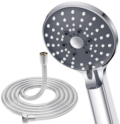 YEAUPE PRO Shower Head and Hose,1.6M Stainless Hose,High Pressure,6 Modes,Round Large (Φ100mm),Powerful Flow,Universal Handheld Bathroom Electric Showerheads,G1/2,Black