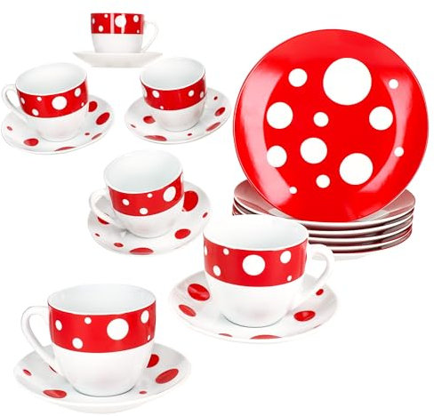 MamboCat Pula Rouge Service à café 18 pièces I Vaisselle en porcelaine blanche à pois pour 6 personnes I 6 tasses de 200 ml, soucoupes et assiettes pour petit-déjeuner et café