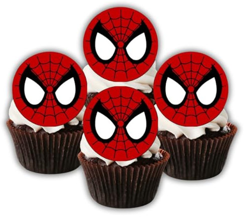 Red Spider Edible Cupcake Toppers – Spider-Web Design Cake Decorations for Birthdays, Comic Hero Party, Kids Superhero Mask For Baking 24 x 1.5 Inch/4cm Discs (PRECUT)
