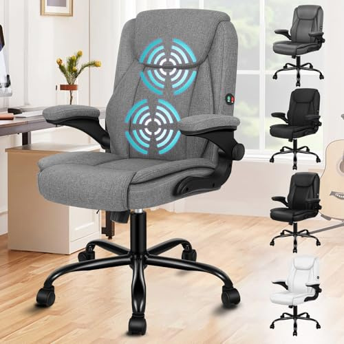 ALFORDSON Chaise de Bureau et de Massage Ergonomique, accoudoirs rabattables, Ascenseur à gaz, Tissu en Lin Gris, Charge maximale 150 kg