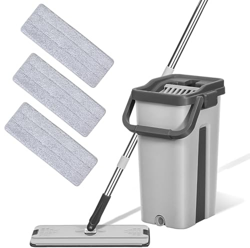 Kezidhp Set di mocio con secchio 2 in 1, lavapavimenti piatto con 3 panni in microfibra, set per piastrelle, laminato e pavimenti in legno, ideale per la pulizia