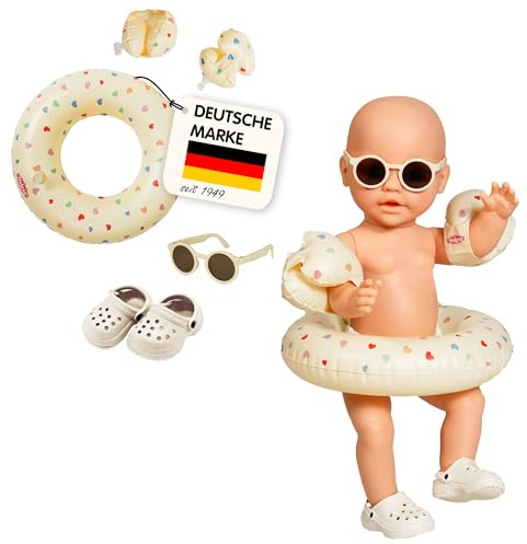 Heless 50550 - Set da Nuoto per Bambole in Beige Heart Confetti, con Anello da Nuoto, Ali da Acqua, Zoccoli e Occhiali da Sole, per Bambole e Peluche di Dimensioni 35-45 cm