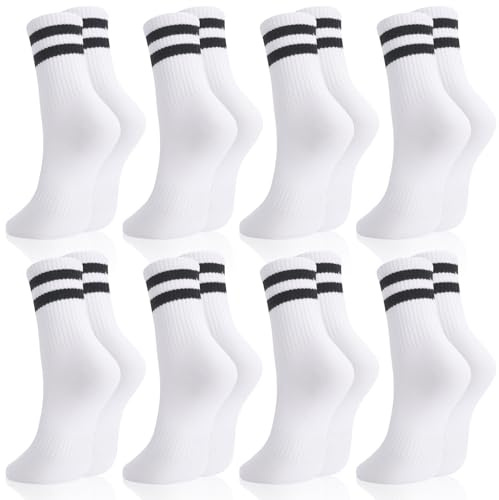 Utensilsto 8 Paare Socken Damen 35-38 Tennissocken Sportsocken Weiß Damen Socken mit Streifen Motiv Baumwollsocken für Tennis Sport Weisse