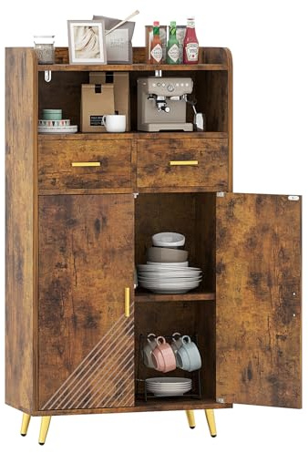 TANGZON Kitchen Storage Cabinet, 2 Door Buffet Sideboard with 2 Drawers | Open Compartment, Adjustable Shelf, Metal Legs, Anti-Tip Kits, Kitchen Cupboard for Dining Living Room Hallway (Rustic Brown)