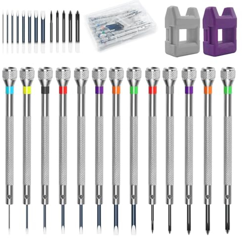 atnayo 28 Pcs Watchmakers Screwdriver Set, 0.6-2.0 mm Watch Screwdriver Kit (13 Screwdrivers 13 Replacement Heads 2 Magnetizer)