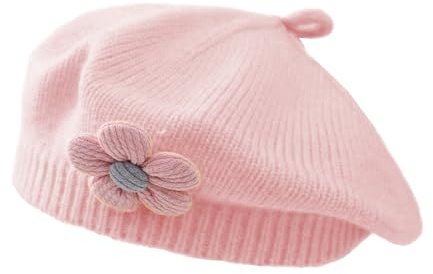Koerye Cappello a Berretto per Bambine Ragazze Morbido Carino Infantile Berreto Caldo Moda Cappello a Maglia in Stile Francese Bambina Caldo Cute Flower Berets Rosa Chiaro