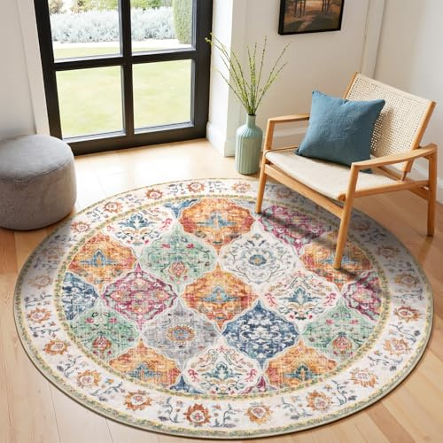 SHACOS Teppich Wohnzimmer Rund 160 cm, rutschfest Teppiche Waschbar Boho | Runder Wohnzimmerteppich Weich, Gummierte Rückseite, Groß Vintage Teppichläufer für Vorzimmer, Wohnzimmer, Esszimmer