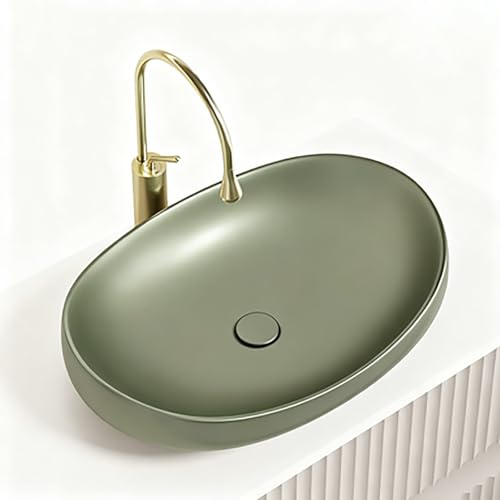 Lavabi Ovali da Appoggio, Lavatoio Ceramica, Lavandini per Mobile Bagno, con Rubinetto Dorato e Piletta di Scarico, per il Bagno di Casa(Green)