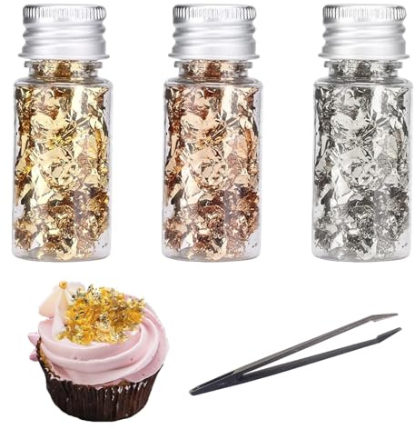 IENHDK 3 Stück Blattgold Essbar Für Torten,Flaschen Blattgold Für Torten, Essbares Gold,Essbare Gold Blätter,Gebäck Blattgold Flocken,Für Mousse-Kuchen Backen Schokolade Kunsthandwerk Dekoration