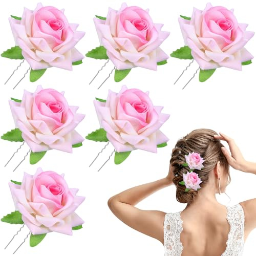LALADEFIEE Lot de 6 Fourches à Cheveux de U Roses Accessoires Décoratifs en Soie Artificielle Légers et Résistants Épingles à Chignon Élégantes pour Mariage et Coiffure Féminine