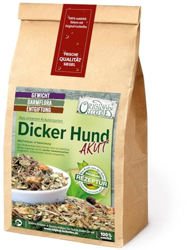 ORIGINAL LECKERLIES® Dicker Hund AKUT Kräutermix, 250g Hundekräuter, Kräuter für Hunde, Hundefutter - Unterstützung Einer langsamen Gewichtsabnahme, Naturprodukt, barfen