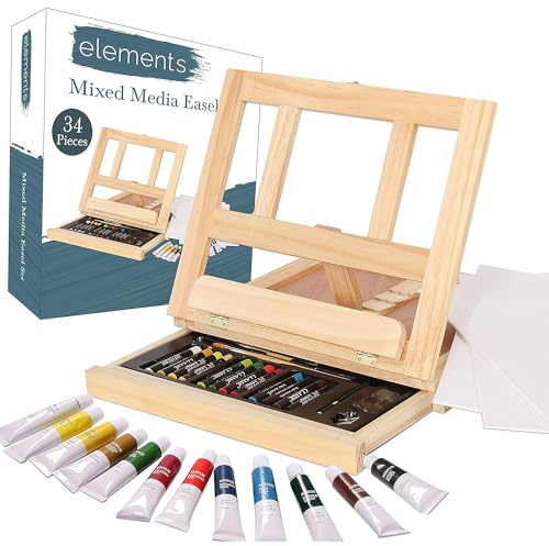 Elements Mixed Media Easel Art Set – 34-Piece Wooden Desktop Easel Box Painting Kit with Acrylic Paints, 3 Canvas Boards and Oil Pastels – Portable Artists Paint Set
