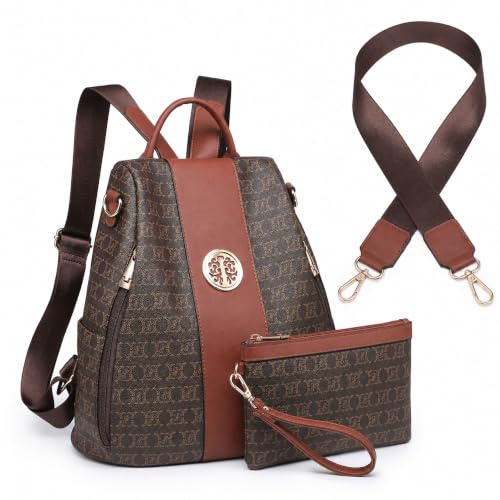 mkp collection Women Fashion Backpack Purse Multi Pockets Anti-Theft Rucksack Ladies Travel Shoulder Bag Handbag Set 2pcs, 0-coffee, 11.8 L x 5.5 W x 14 H, Lightweight Women Backpack