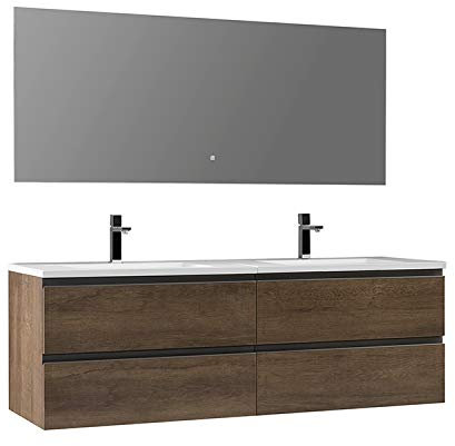 StoneArt Badmöbel-Set mit Mineralguss Waschbecken und Unterschrank und LED Spiegel Touch-Sensor Waschtisch als Einzel- oder Doppelwaschbecken Monte Carlo MC-1600 eiche dunkel 160cm