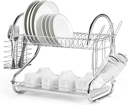 TBM 2 Tier Dish Drainer Rack with Utensil Holder/Dish Drying Organizer/Cup Holder and Dish Drainer for Kitchen Counter Top/Silver (Chrome Plated)